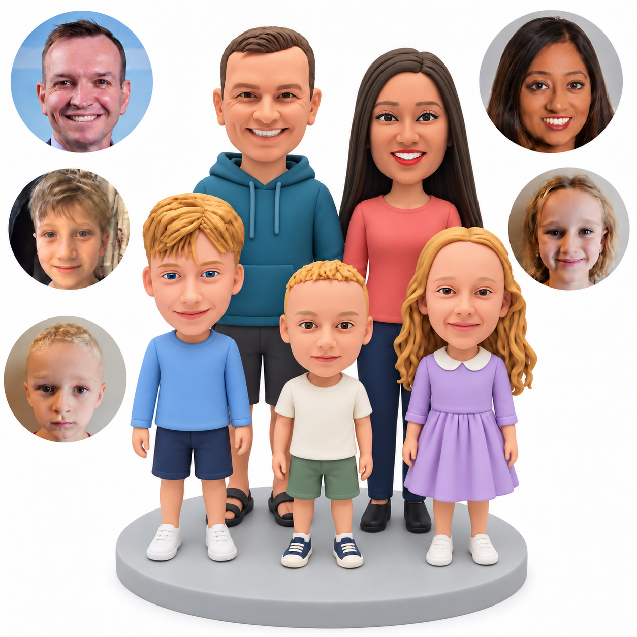 Custom clay family of five: parents behind two boys and one girl standing with arms down, with five matching real portrait circles.