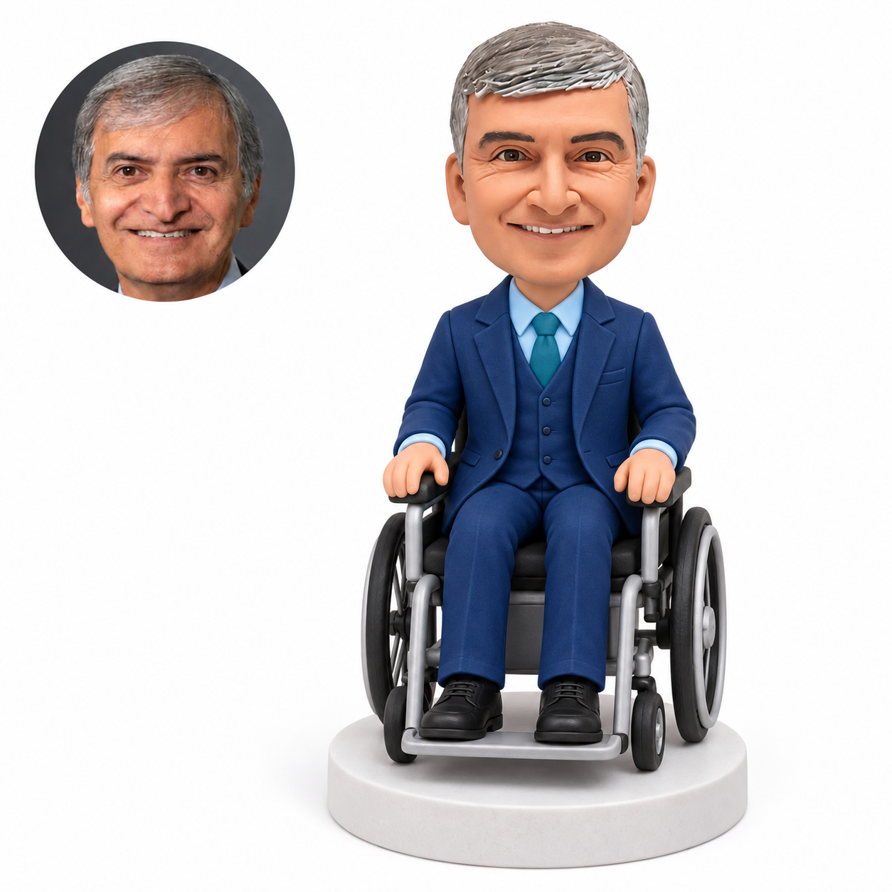 custom bobblehead figure businessman seated in a wheelchair