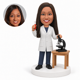 custom bobblehead figure female biologist beside a microscope