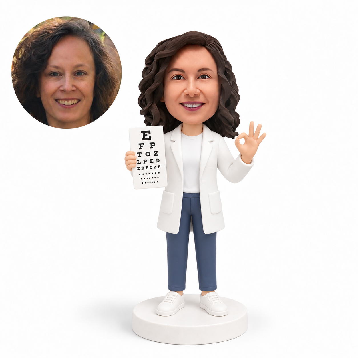 custom bobblehead figure female ophthalmologist holding an eye chart