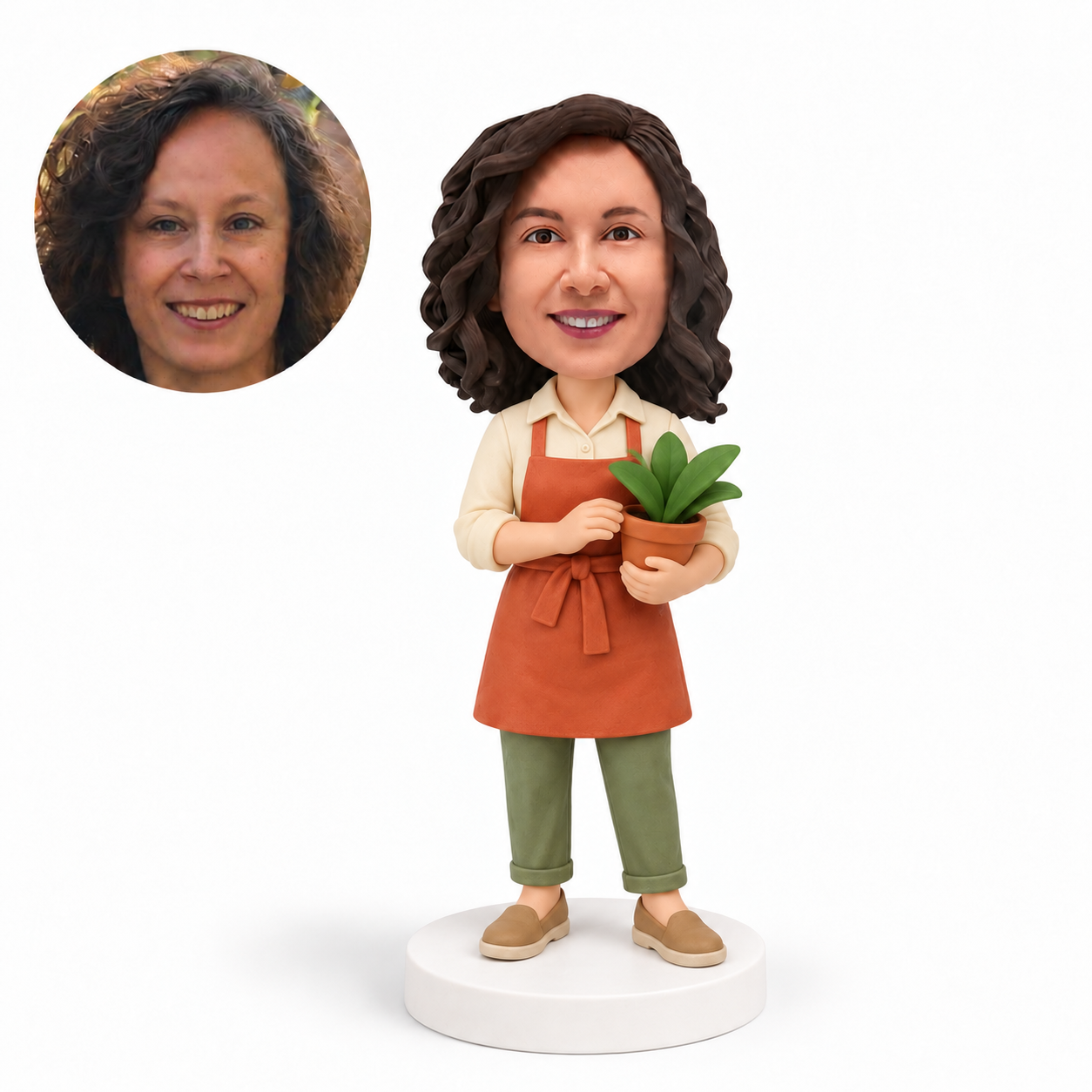 custom bobblehead figure female gardener holding a potted plant