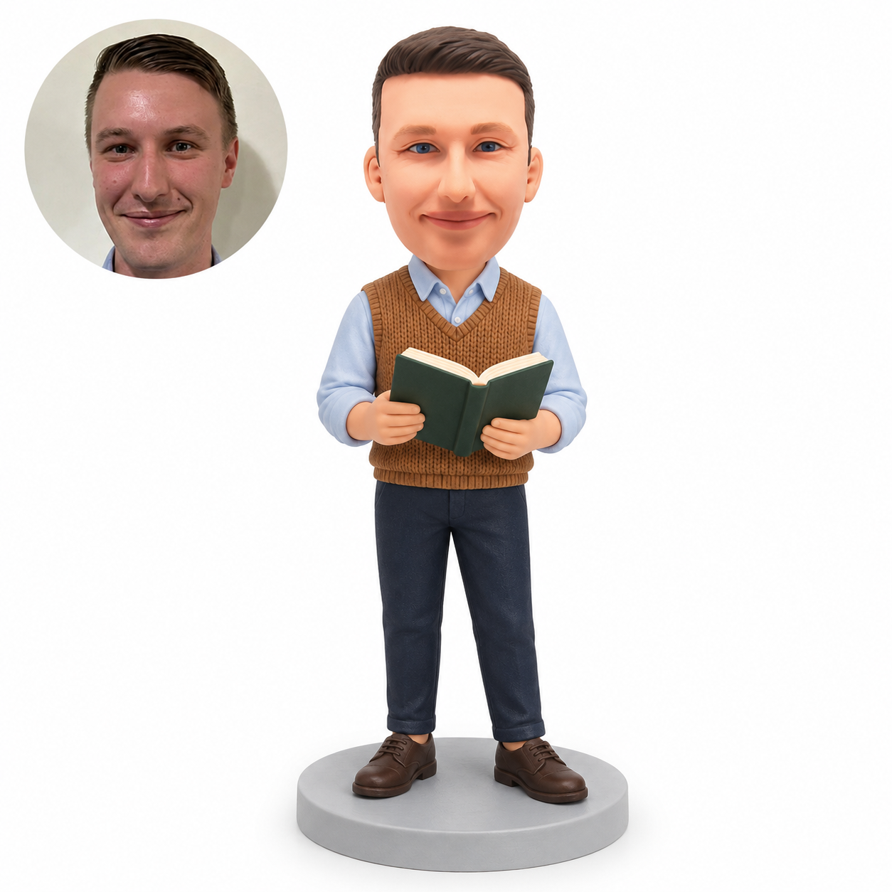 custom bobblehead figure man reading an open book in a sweater vest