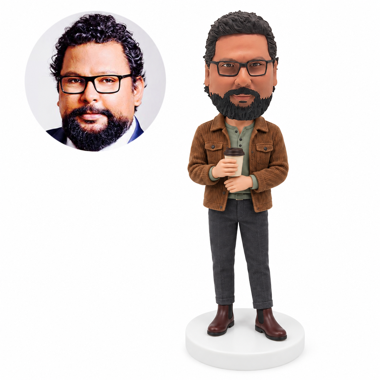 custom bobblehead figure man holding a coffee cup in a casual jacket