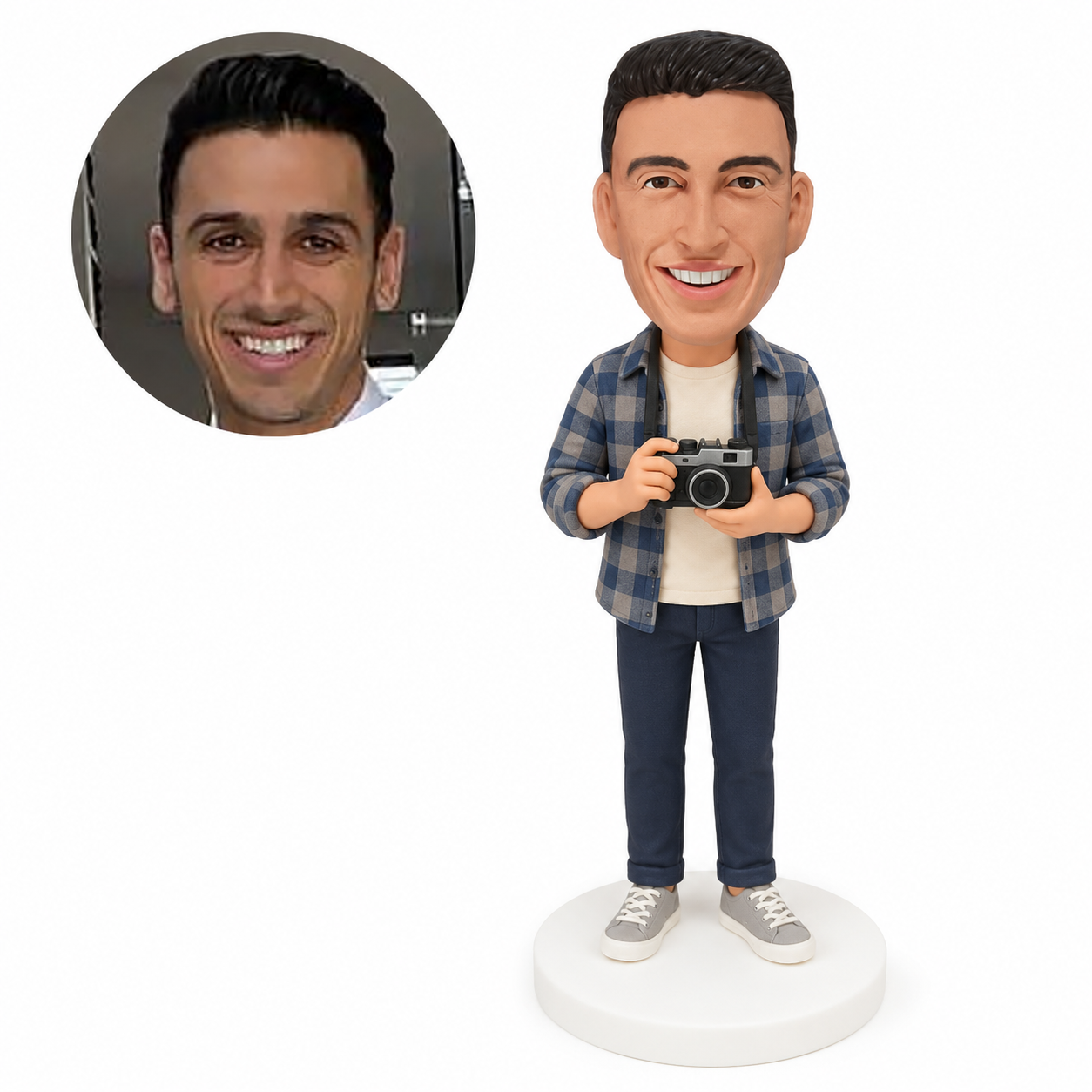 custom bobblehead figure male photographer in a plaid jacket