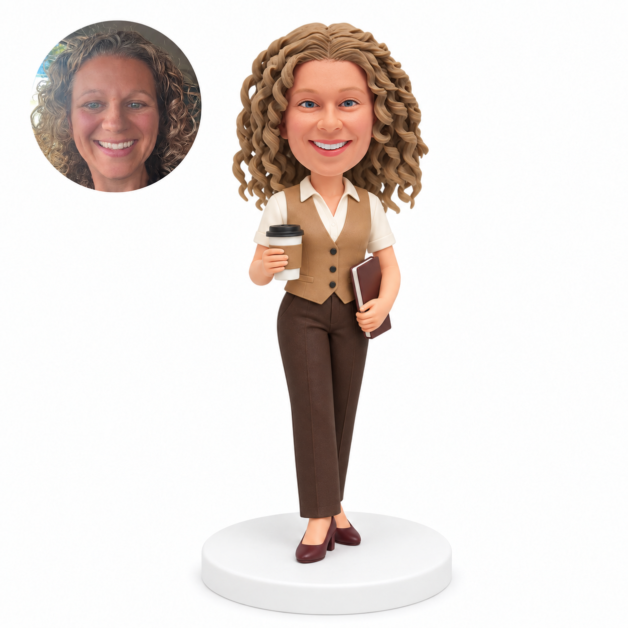 custom bobblehead figure woman holding coffee and a notebook