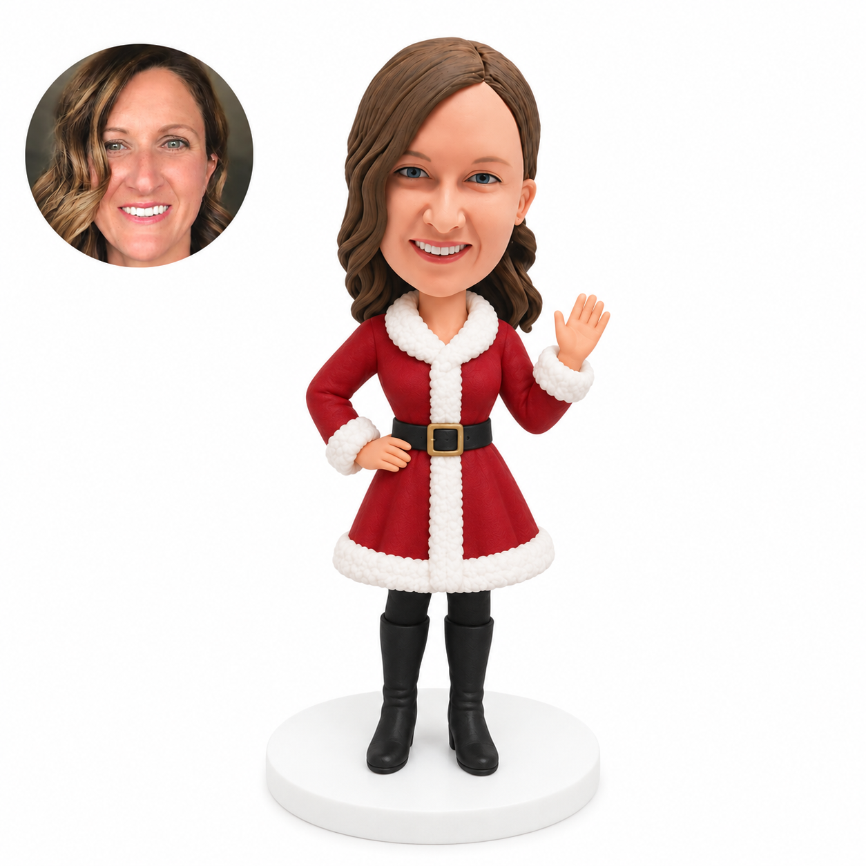 custom bobblehead figure woman in a Santa dress waving