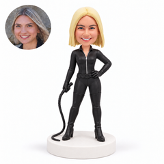 custom bobblehead figure woman in a black catsuit holding a whip