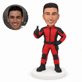 custom bobblehead figure man in a red and black armored suit giving a thumbs up