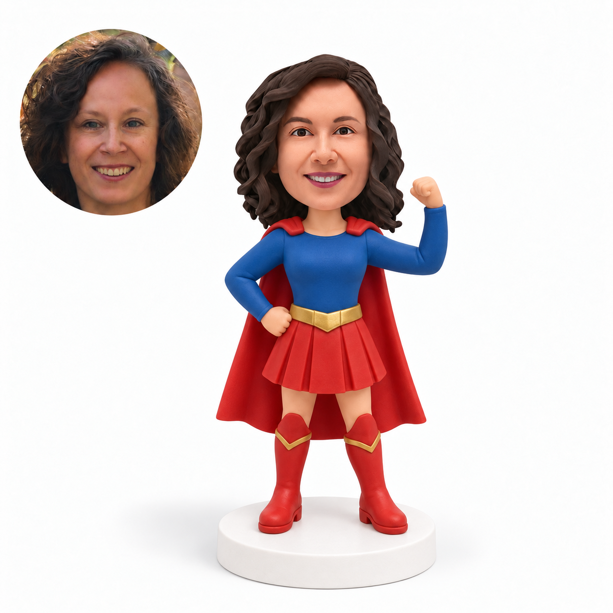 custom bobblehead figure woman in a blue hero outfit with a red cape