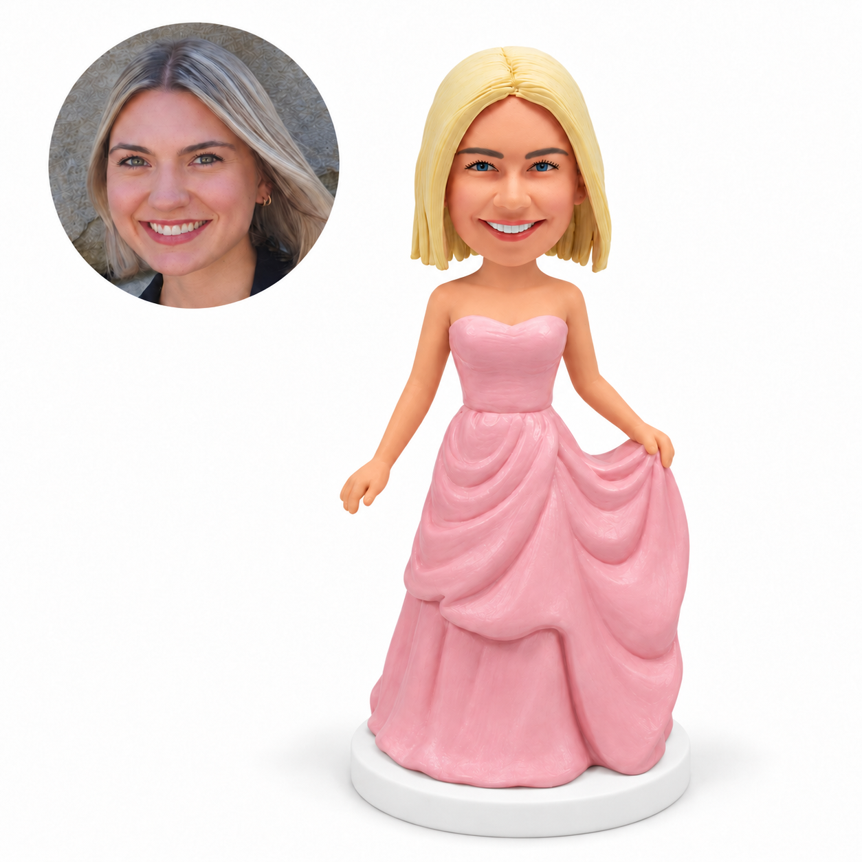 custom bobblehead figure woman in a pink gown holding her skirt