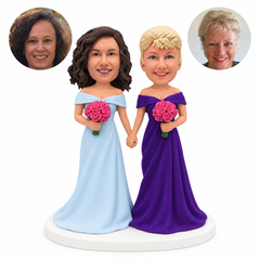 custom bobblehead figures two brides holding hands and rose bouquets