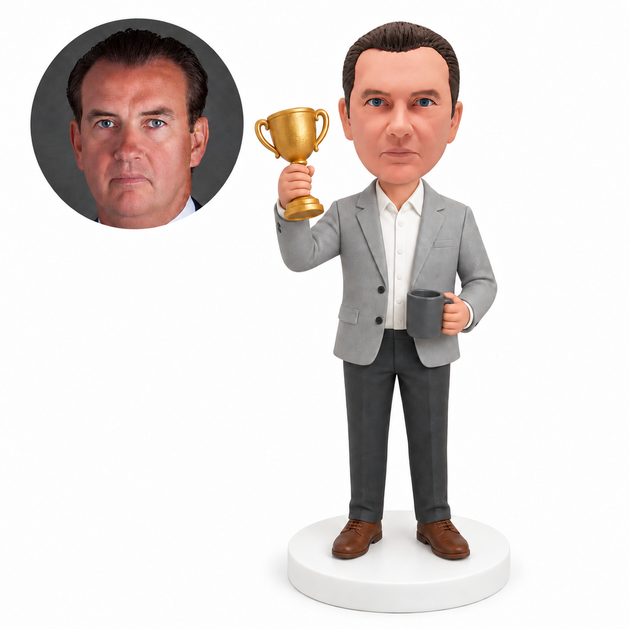 custom bobblehead figure man in a gray blazer holding a trophy and mug