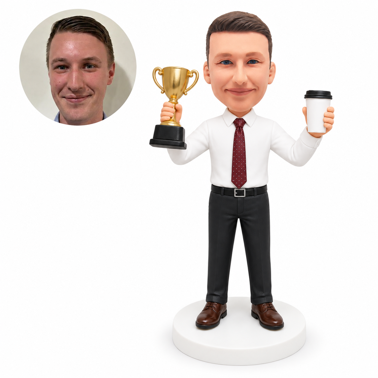 custom bobblehead figure man holding a trophy and takeaway coffee