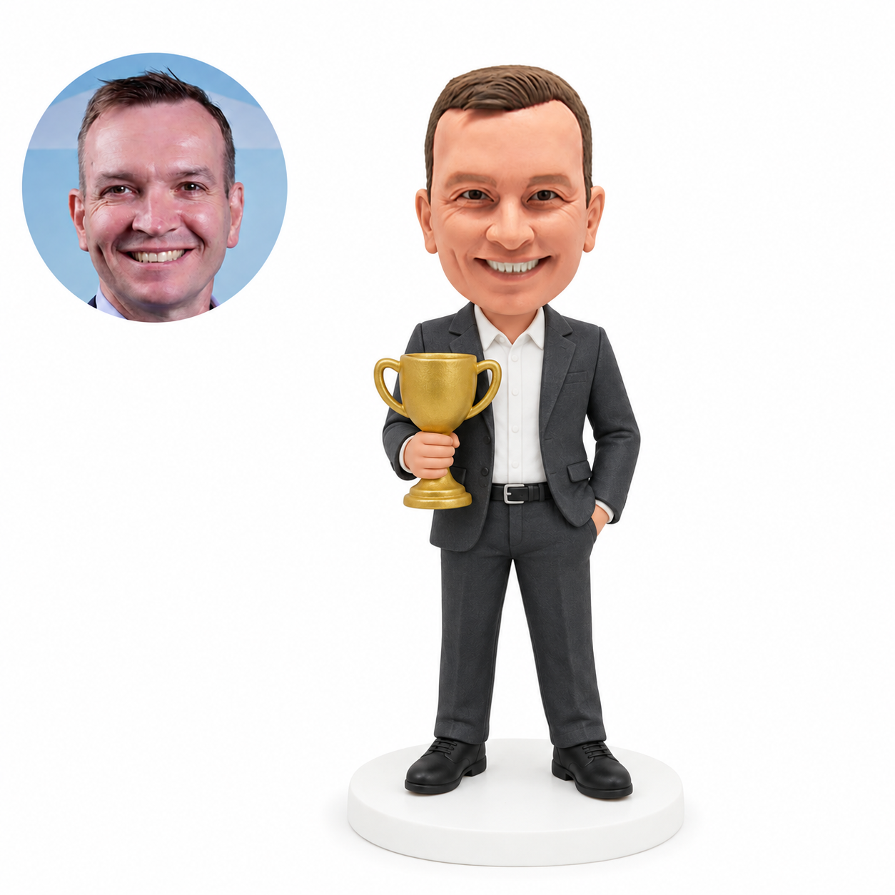 custom bobblehead figure man in a suit holding a trophy with a hand in a pocket