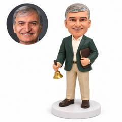 custom bobblehead figure principal holding a handbell and book