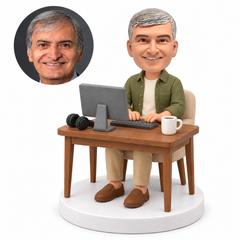 custom bobblehead figure remote worker at a desktop computer