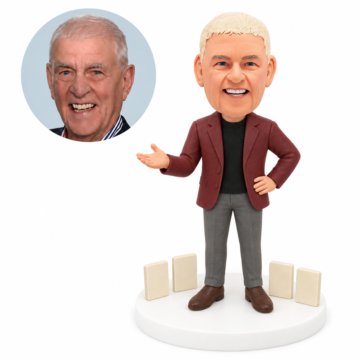 custom bobblehead figure team leader beside four message plaques