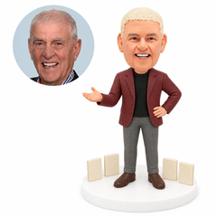 custom bobblehead figure team leader beside four message plaques