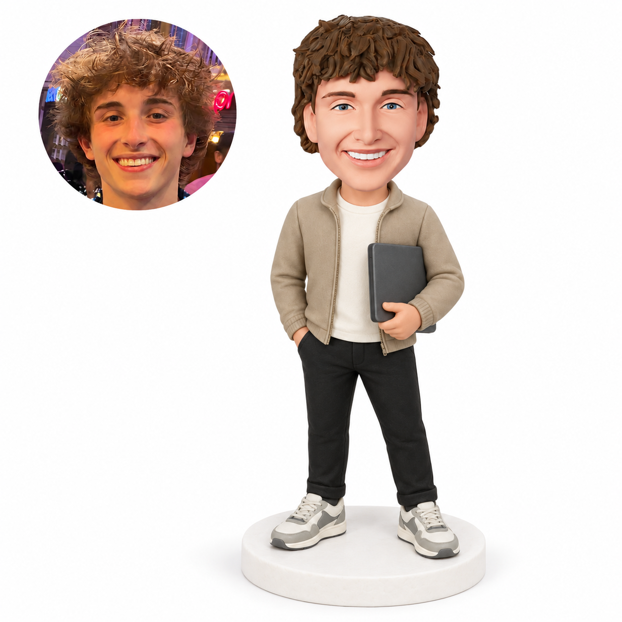 custom bobblehead figure casual man holding a tablet