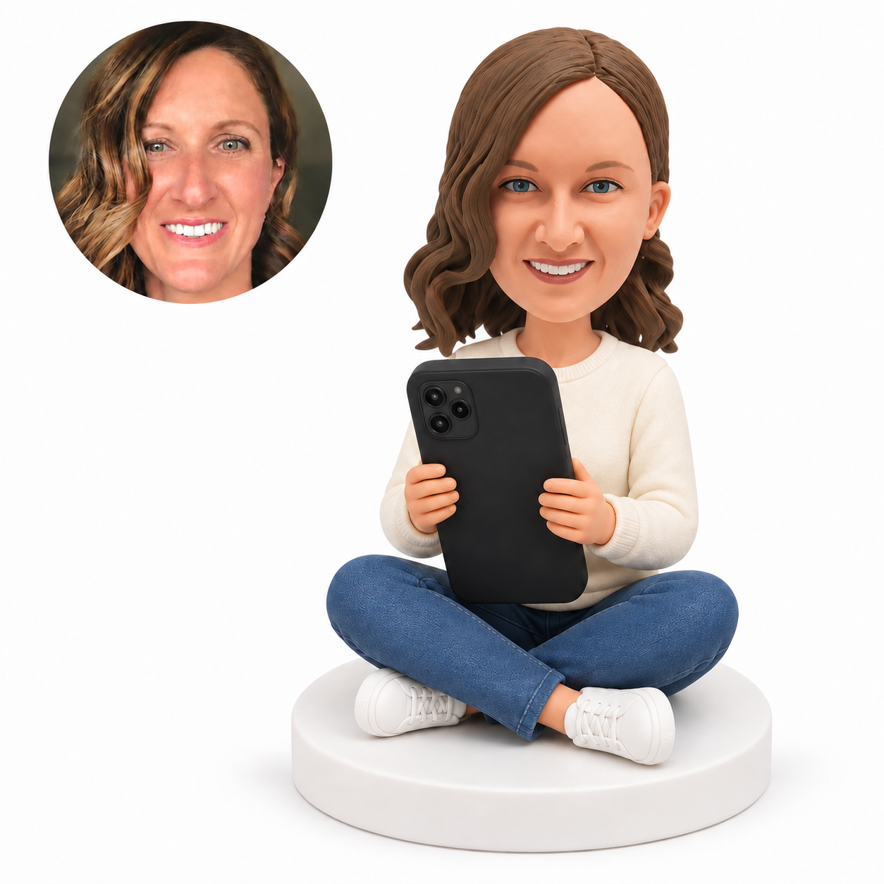 custom bobblehead figure woman sitting cross legged with a large phone