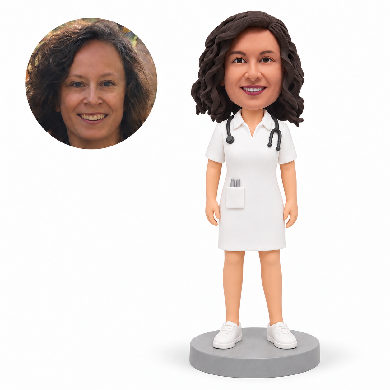 custom bobblehead figure female nurse in a classic dress with a stethoscope