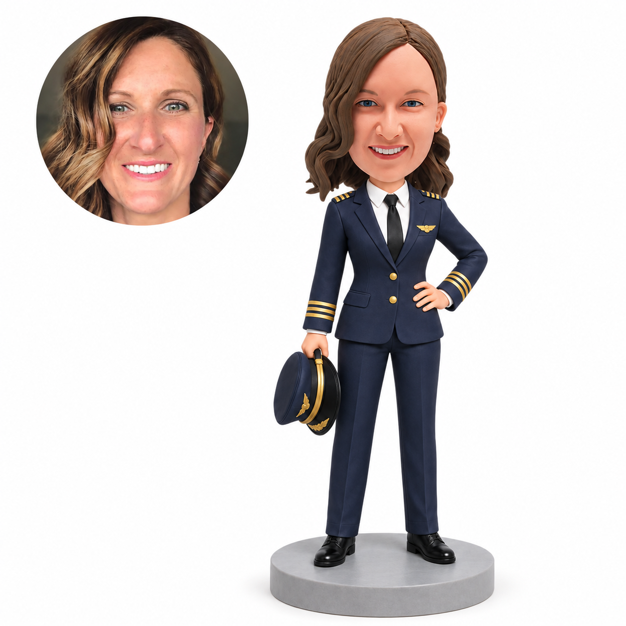custom bobblehead figure female airline captain holding a pilot hat