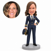 custom bobblehead figure female airline captain holding a pilot hat