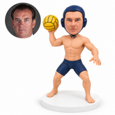 custom bobblehead figure male water polo player holding a ball in a wide stance