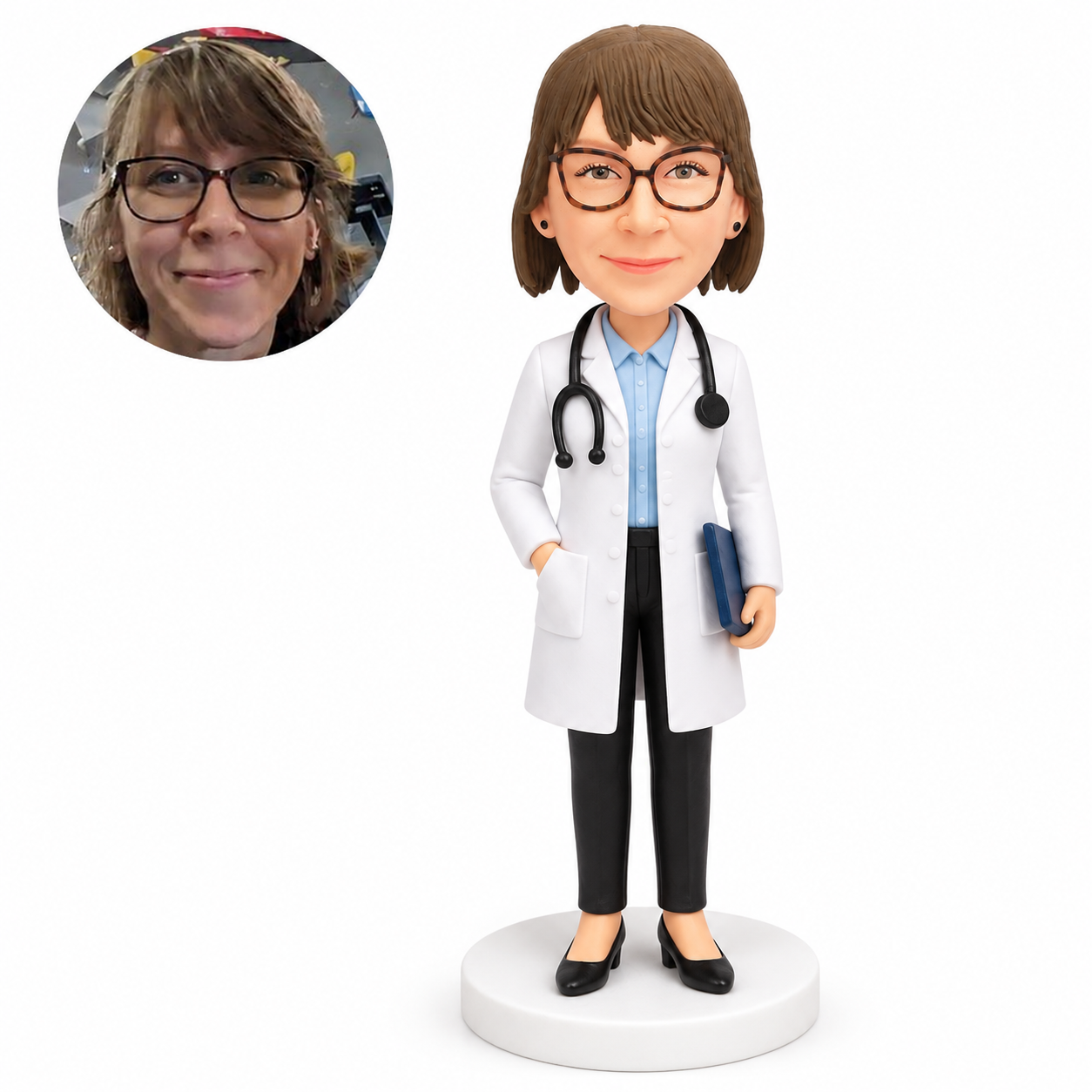 custom bobblehead figure female doctor with a stethoscope and a folder at her side