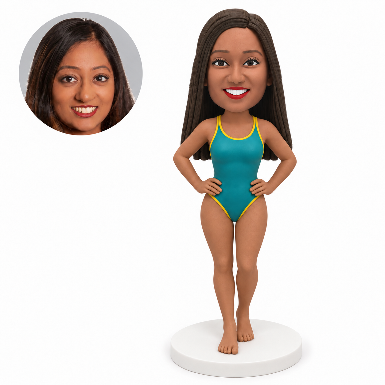 custom bobblehead figure female swimmer in a one piece swimsuit with hands on hips
