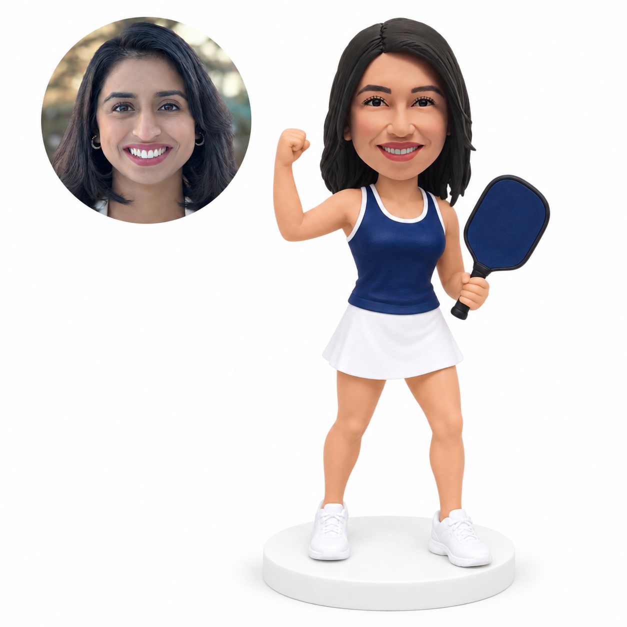 custom bobblehead figure female pickleball player celebrating with a raised fist