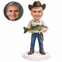 custom bobblehead figure cowboy holding a large fish with both hands