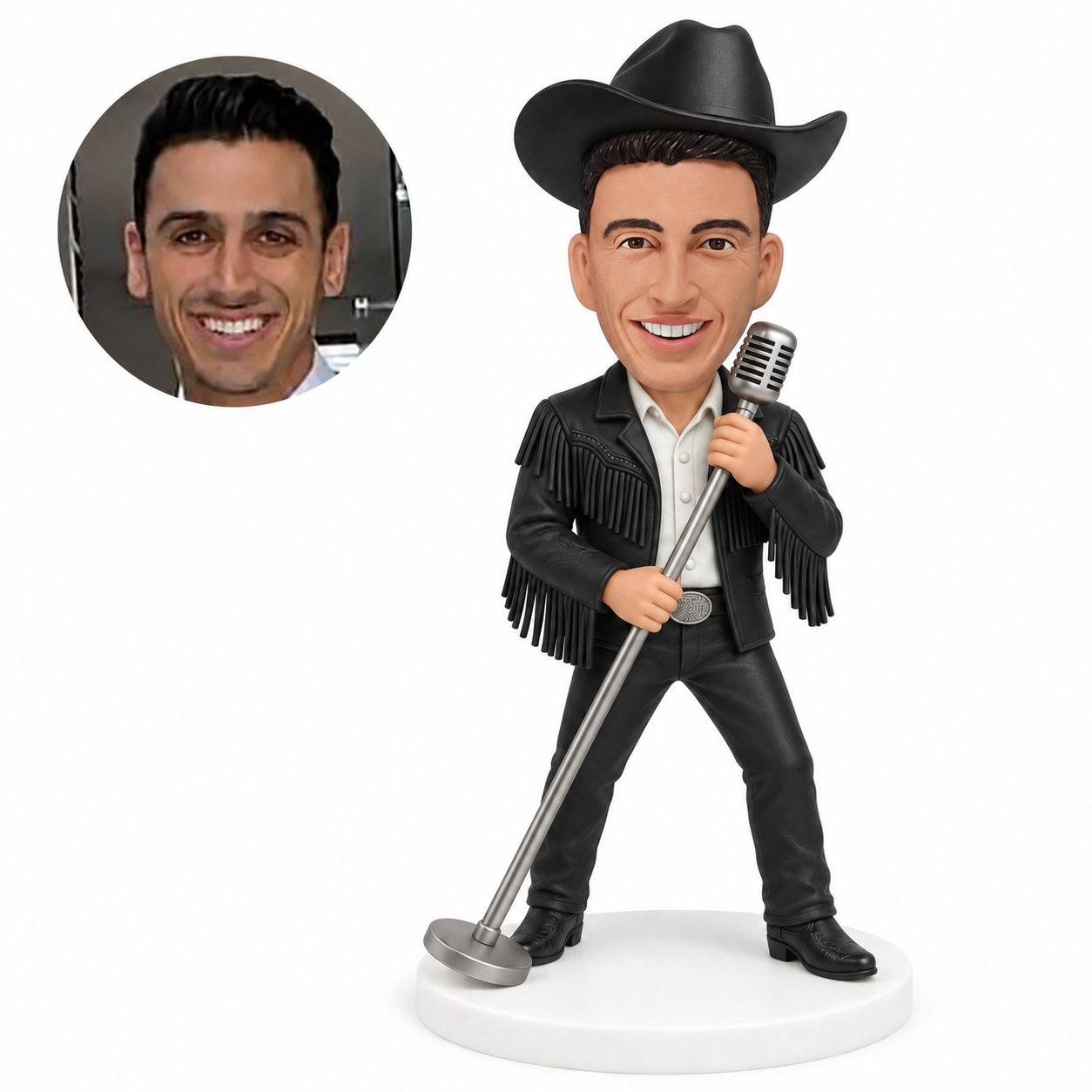 custom bobblehead figure country singer in a fringed jacket with a microphone stand