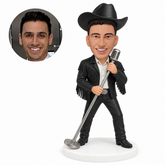 custom bobblehead figure country singer in a fringed jacket with a microphone stand