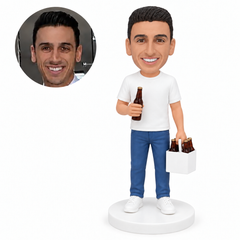 custom bobblehead figure man holding a beer bottle and bottle carton