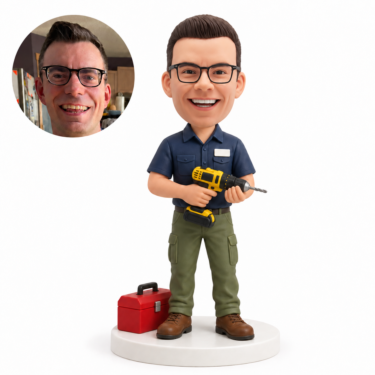custom bobblehead figure mechanic holding a drill with both hands beside a toolbox