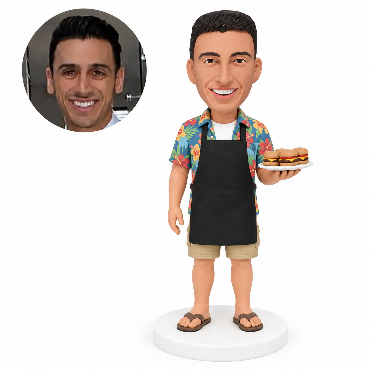 custom bobblehead figure man in an apron holding a burger platter