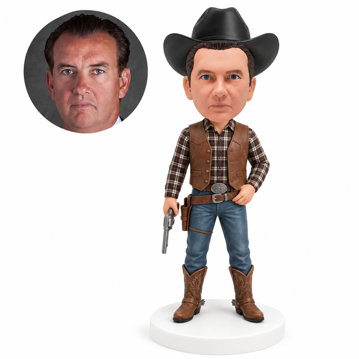 custom bobblehead figure cowboy in a vest holding a revolver at his side