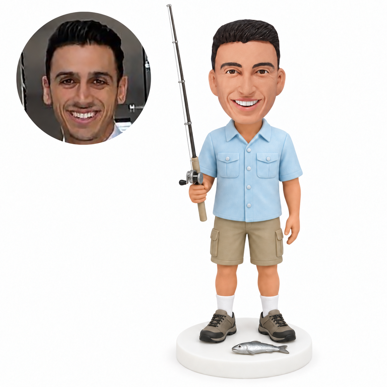 custom bobblehead figure fisherman holding a rod beside a fish