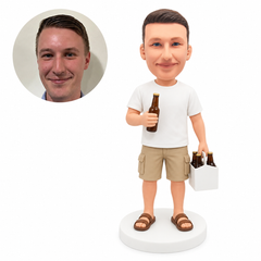 custom bobblehead figure man in shorts holding a beer bottle and bottle carton