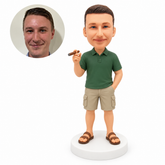 custom bobblehead figure man in a Polo shirt and cargo shorts holding a cigar