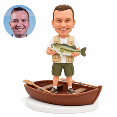 custom bobblehead figure fisherman holding a fish in a rowboat with two oars