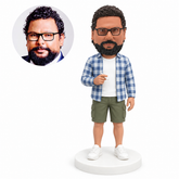 custom bobblehead figure man in an open plaid overshirt and shorts holding a cigarette