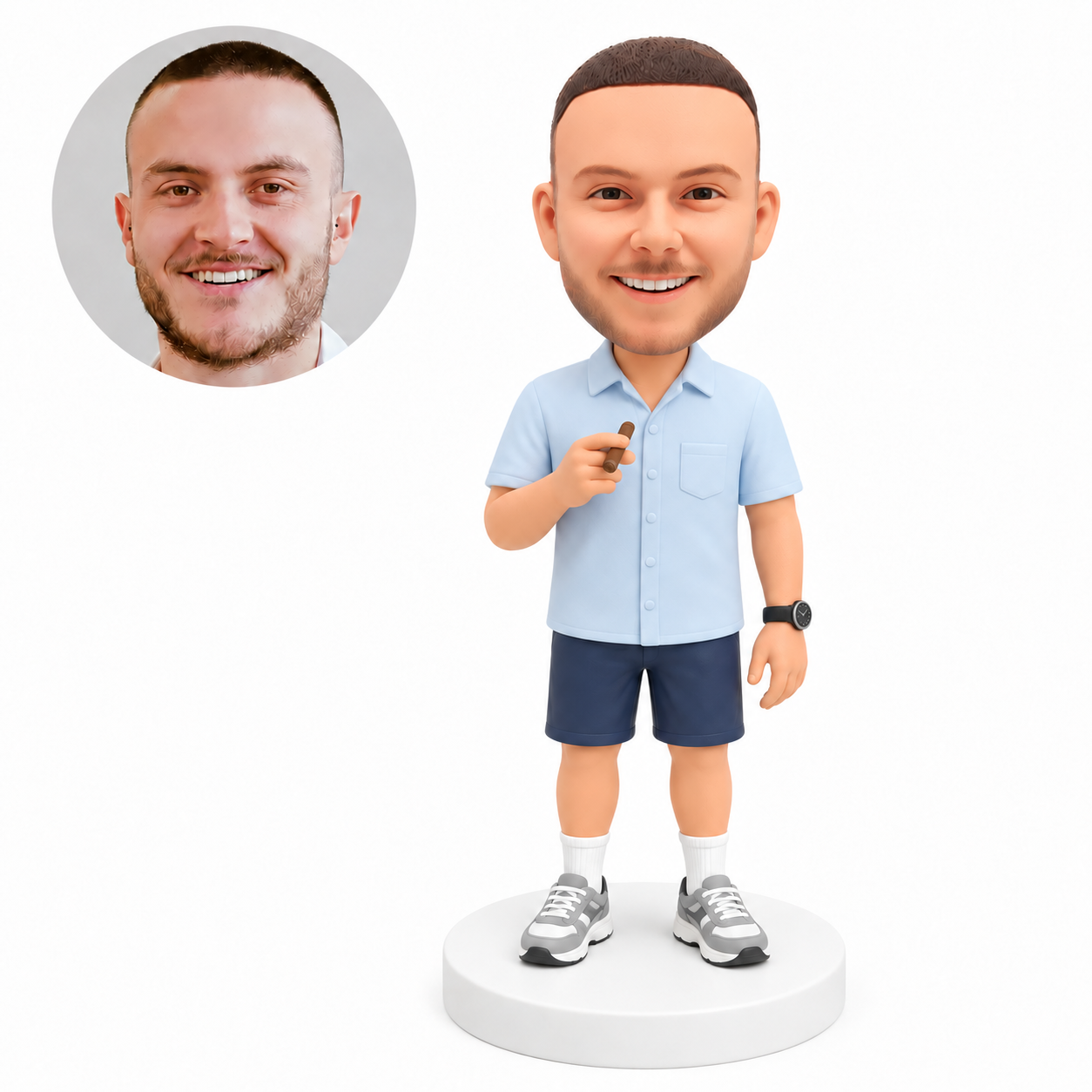 custom bobblehead figure man in a short sleeve shirt and shorts holding a cigar