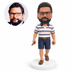custom bobblehead figure walking man holding a cigar at his side and a lighter