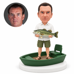 custom bobblehead figure fisherman holding a fish in a boat with a backrest seat