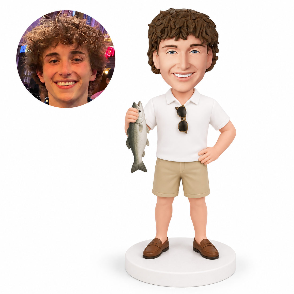 custom bobblehead figure fisherman holding a fish with sunglasses at his collar