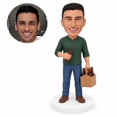 custom bobblehead figure man in a henley shirt holding a beer bottle and carrier