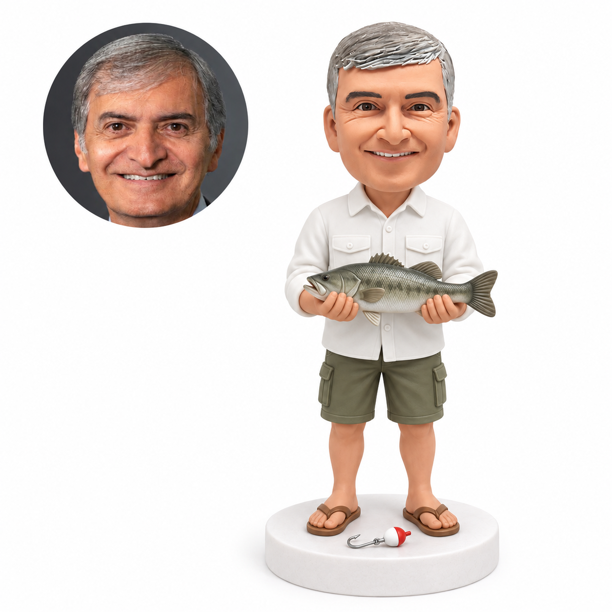 custom bobblehead figure fisherman holding a fish beside a fishing float and hook