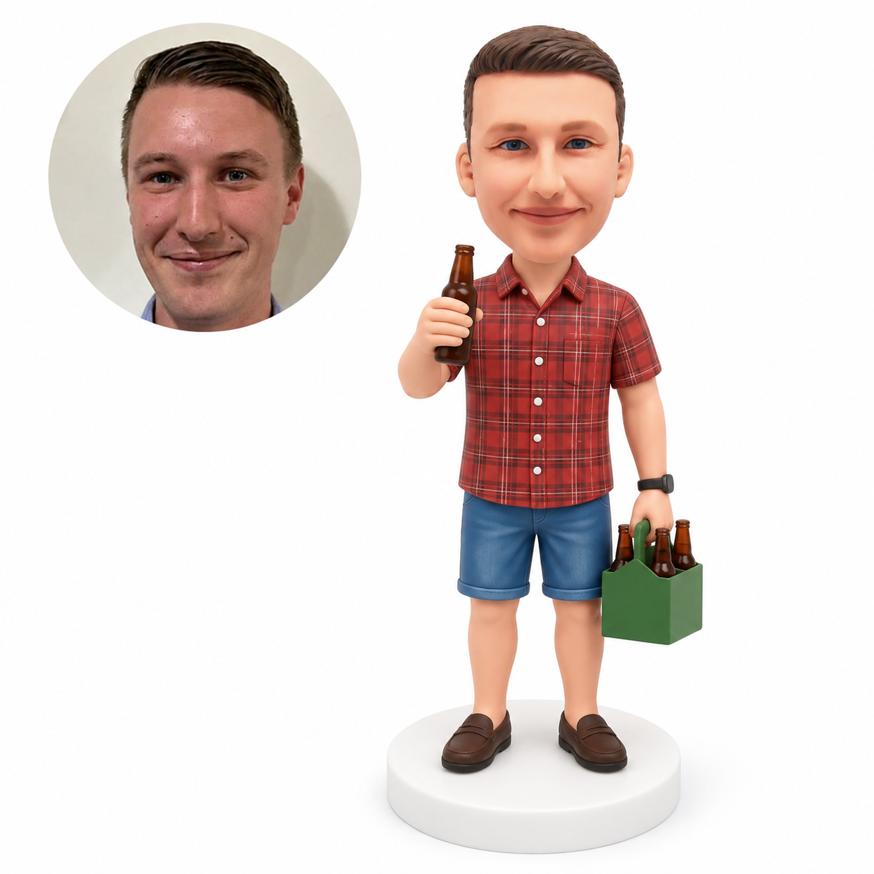 custom bobblehead figure man in a plaid shirt and denim shorts holding a beer carrier